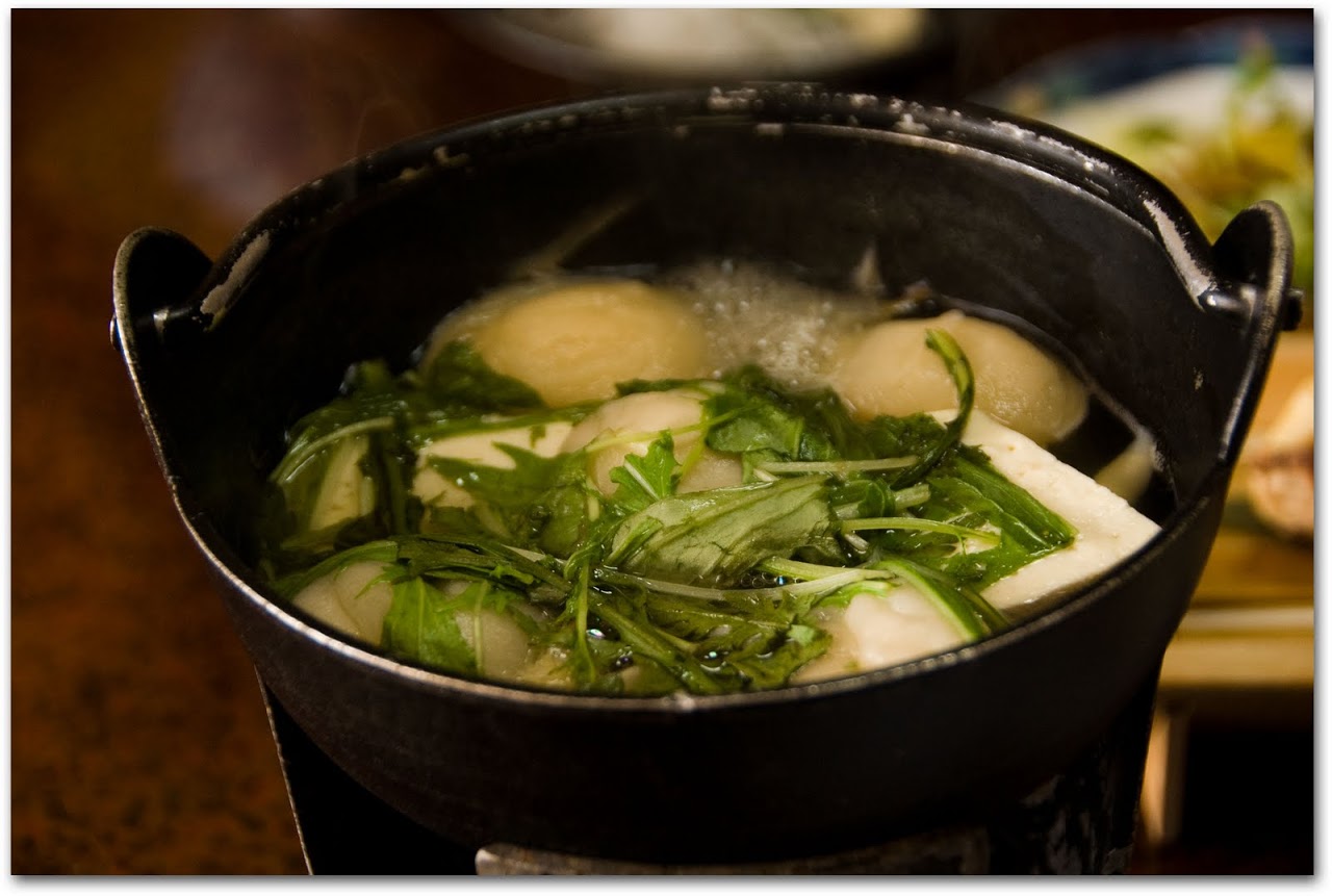 Hot pot of dumplings at kaiseki dinner