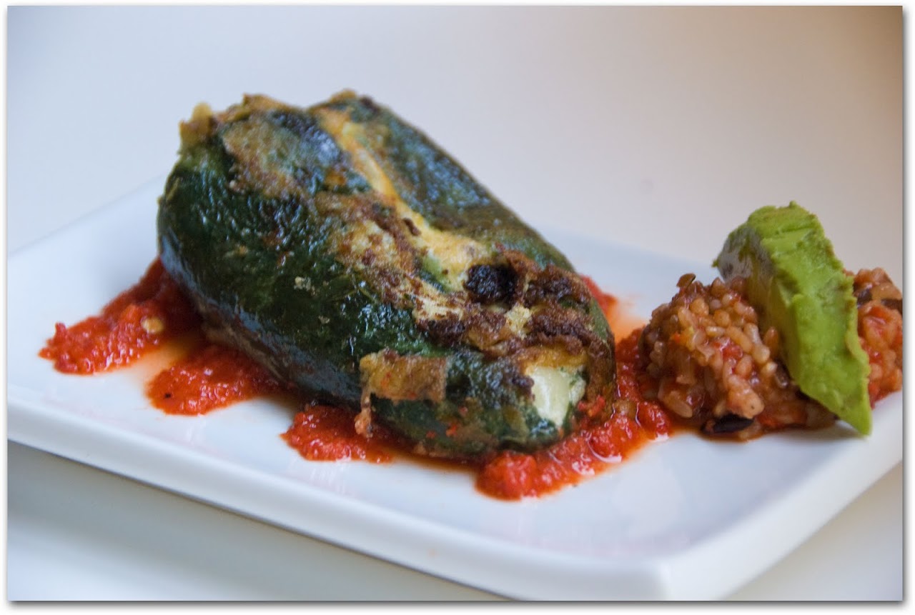 Chile rellenos with roasted red pepper sauce