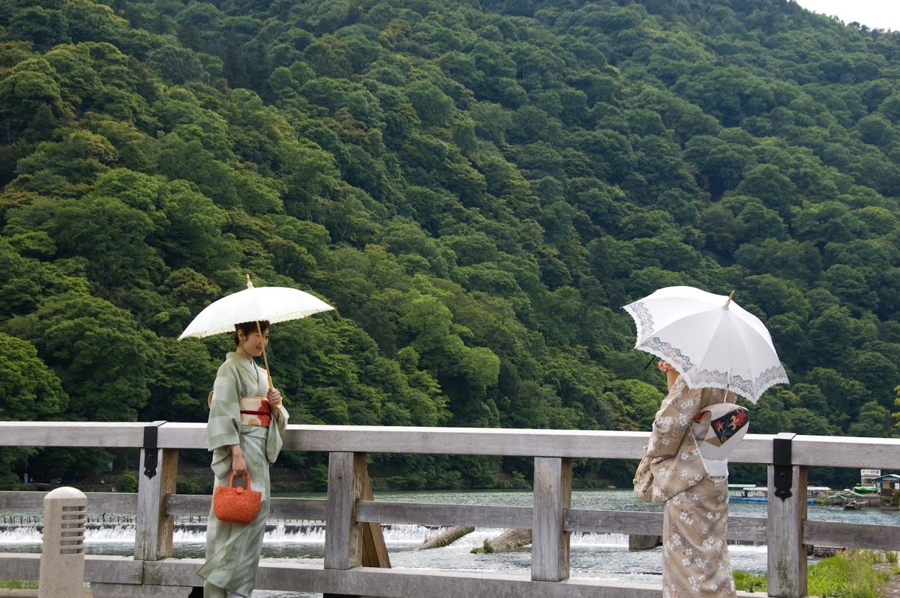 Women in kimonos in Arashiyama neighborhood